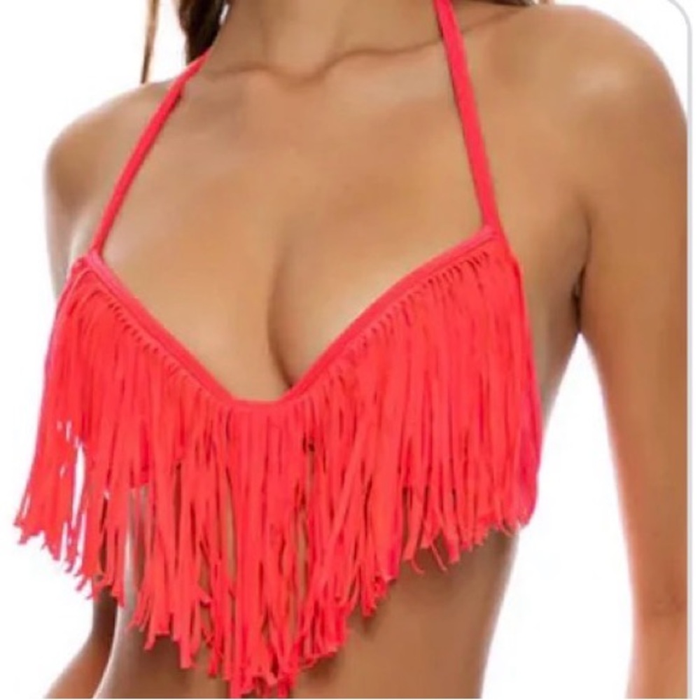 Luli Fama Cascade pink fringe Halter Push up Bikini Top medium